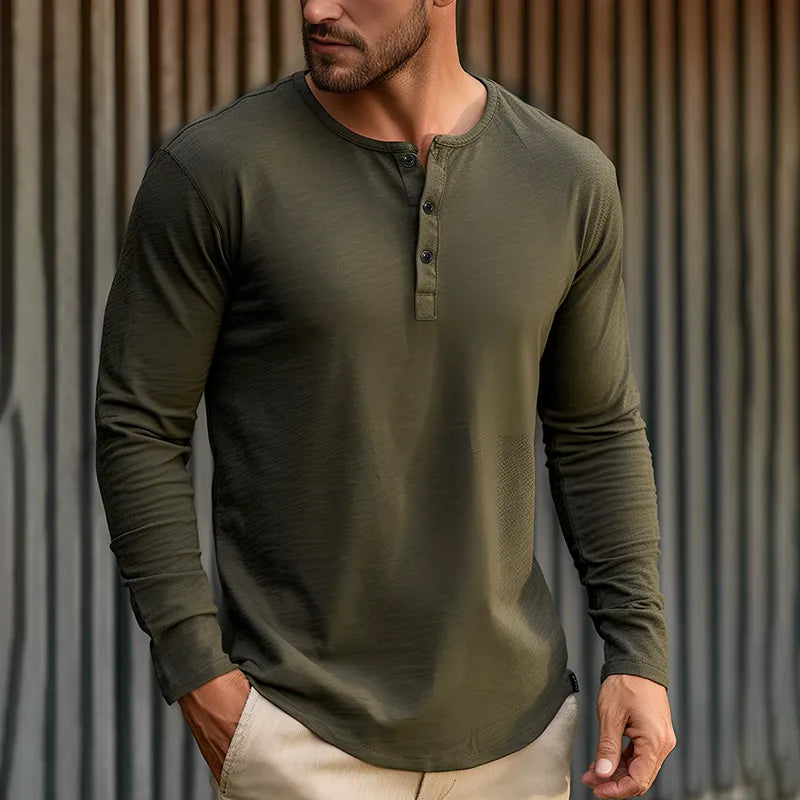 New Mens Cotton T-shirt Henley Neck Fashion Design Slim Loose T-shirts Male Tops Tees Long Sleeve Polo Shirt for Men