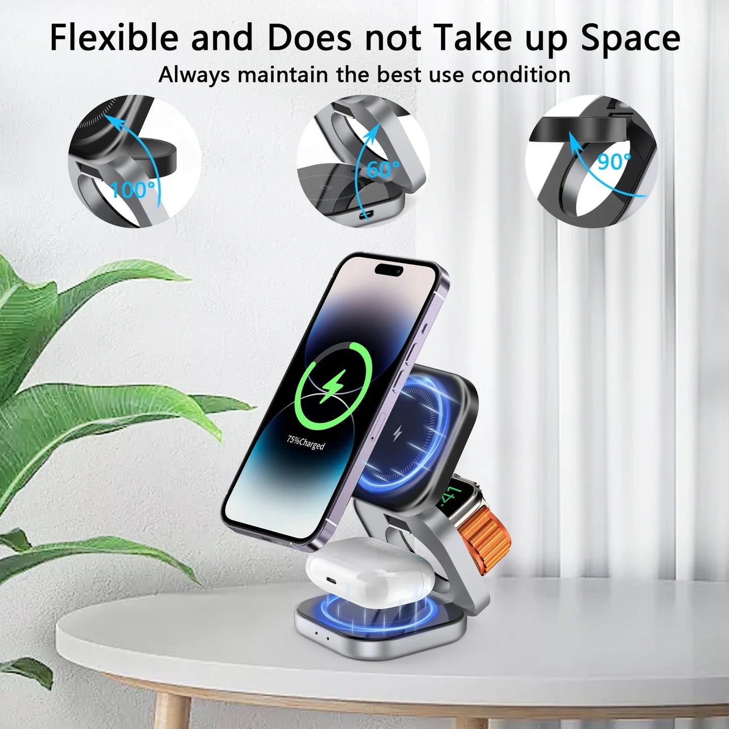 3 In 1 Magnetic Wireless Charger Stand For iPhone 15 14 13 Pro Max IWatch AirPods 3/2 Foldable Fast Charging Holder Dock Station