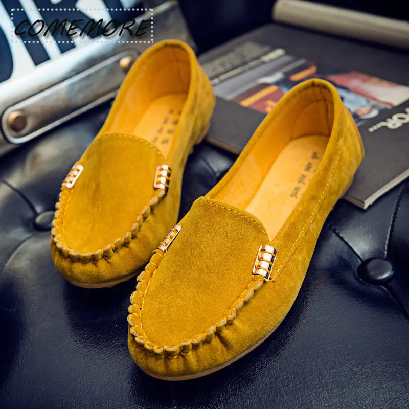 Women's Flats Faux Suede Slip on Flat Shoes Woman Loafers Metal Boat Shoes Soft Female Shoes Black Spring Autumn