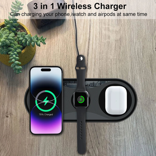 Wireless Charger for iPhone 15 14 13 12 11 Pro Max 3 in 1 Charger for Apple Watch 9 8 7 Ultra 2 Series Fast Charging Pad Station