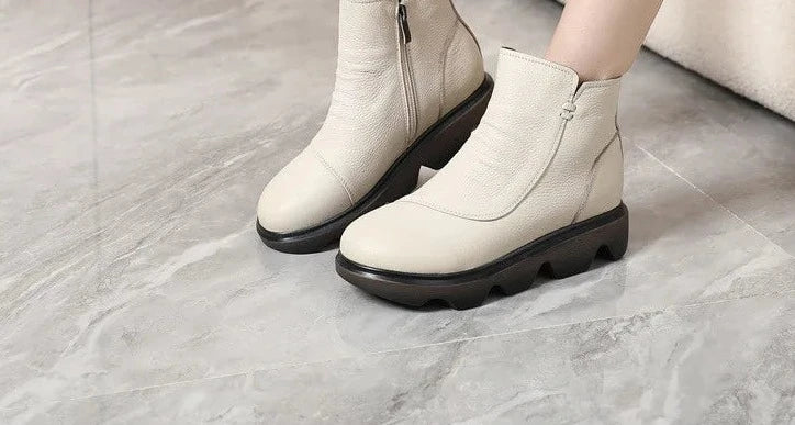 Women Ankle Boots Wedge Winter Shoes Women Handmade Platform Genuine Leather Side zip Shoes for Women Plus size 34-43