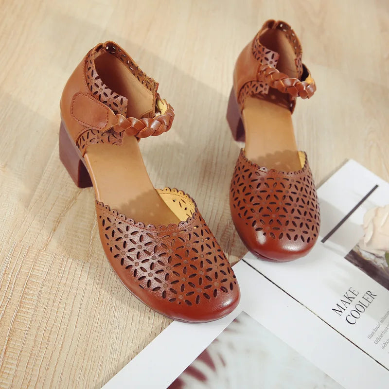 New Soft Bottom High Heels Genuine Leather Women Shoes Women Sandals Retro Handmade Sandals For Mother