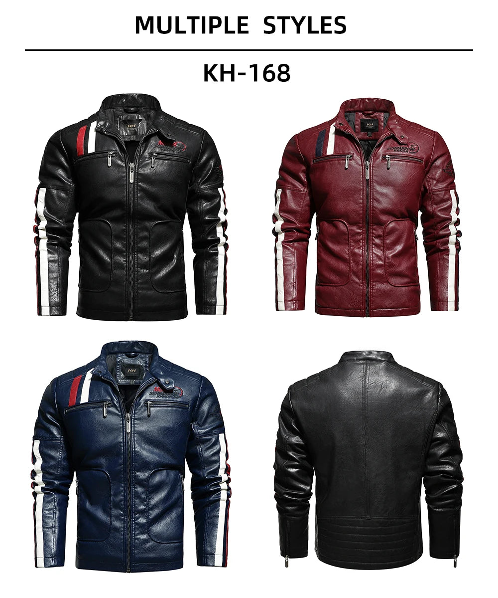 Autumn/Winter vintage motorcycle leather Jacket Men's stand collar casual Coat with zipper embroidery Pilot Winter wool Pu Coat