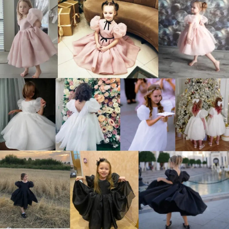 Fashion Girl Princess Vintage Dress Tulle Child Vestido Puff Sleeve Pink Wedding Party Birthday Tutu Dress Child Clothes 1-10Y