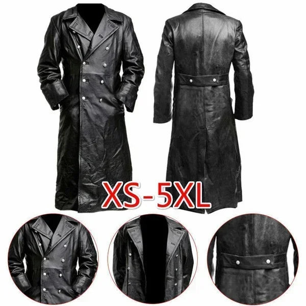 TPJB MEN'S Jackets GERMAN CLASSIC Faux Leather WW2 MILITARY UNIFORM OFFICER BLACK REAL LEATHER TRENCH COAT