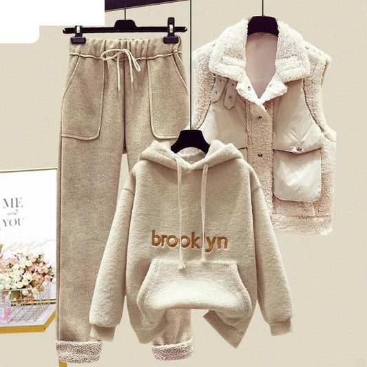 🍀 New Thickened Cashmere Vest Letter Printed Hoodie Casual Trousers Three Piece