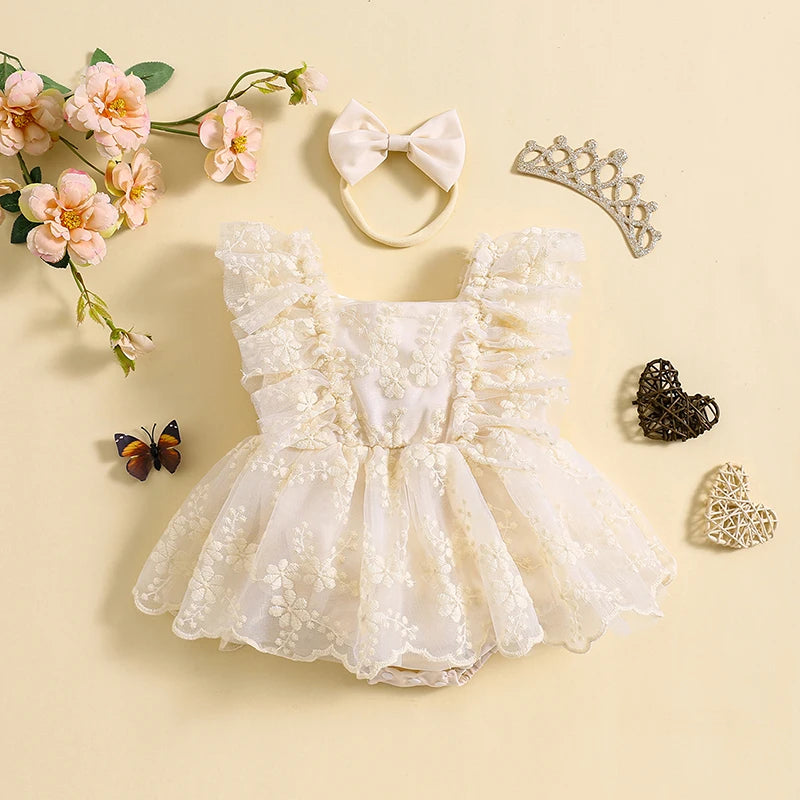 Listenwind Baby Girl 2Pcs Summer Outfits Ruffle Sleeve Square Neck Lace Romper Dress with Headband Set For 0-24 Months