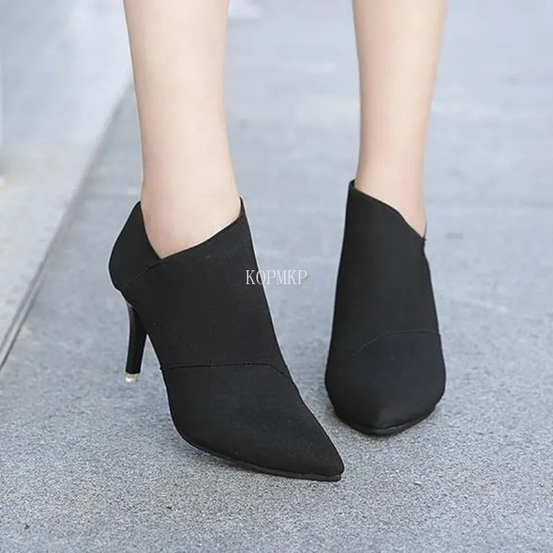 2023 Grey Fashion Women High Heel Booties Female High-Heeled Boots Young Ladies Booties 8.5cm Heel Cloth Boots Large Size 34-41