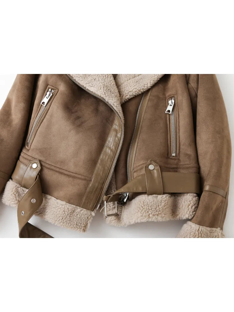 🥰 Brown Jacket For Women 2023 Winter Vintage Fur Integrated Jacket Lapel Long Sleeves Jackets Female Outwears Chic
