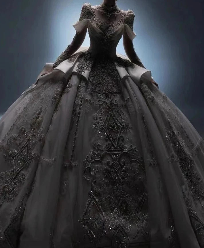 Long Sleeved 2024 Luxury Exquisite Wedding Dress Satin Handmade Embroidery Beading Retro Princess Ball Gowns Vestido De Novia