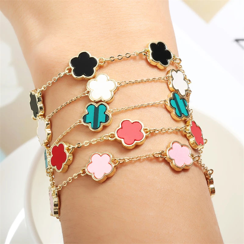 Colorful Five Leaf Flower Charm Bracelets for Women 2023 New Gold Color Stainless Steel Clover Bracelet Jewelry