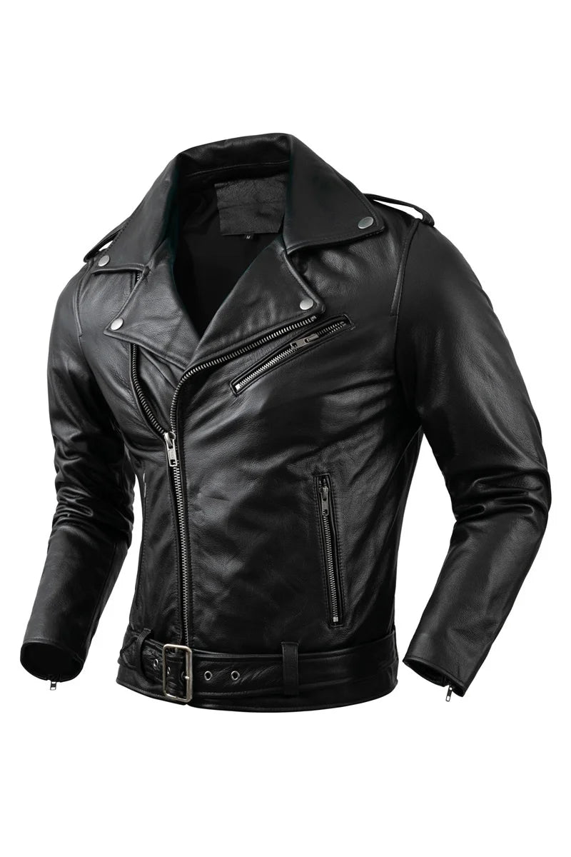 Genuine Cowhide Leather Motorcycle Coat Jacket Men Lapel Jackets s Clothing Real