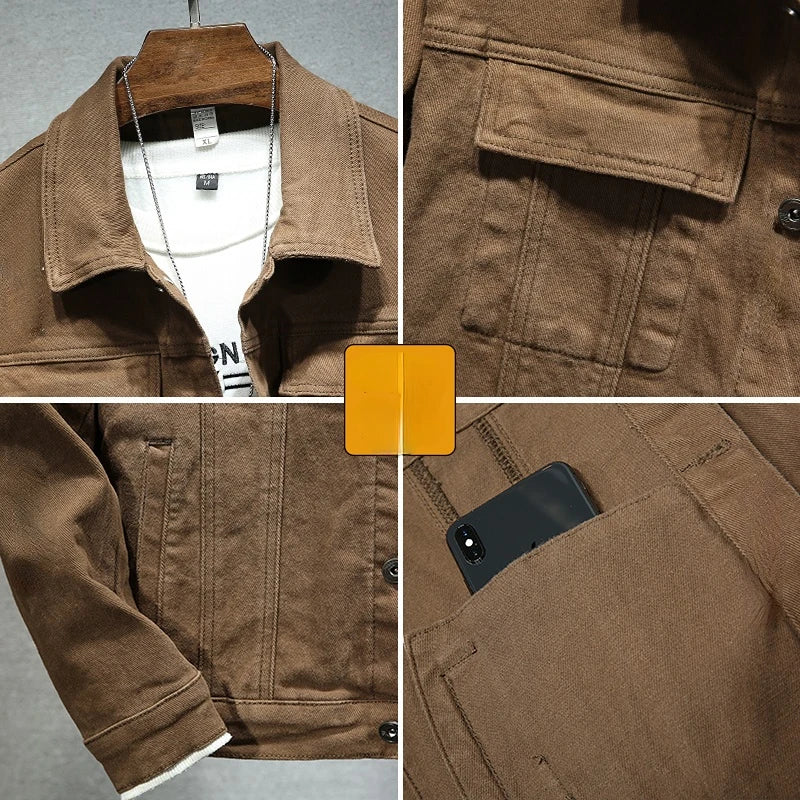 2023 New Spring Autumn Men's Brown Denim Jacket Fashion Casual Cotton Elasticity Slim Fit Jeans Coat Male Brand Clothes