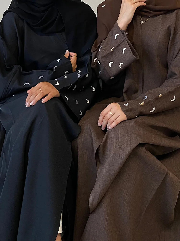 Ramadan 2024 Abaya Collection Linen Open Abaya with Bat Sleeves Moon Embroidery Dubai Islamic Saudi Women Loose Abayas no Hijab