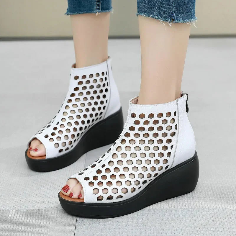 2024 Summer Women Sandals Genuine Leather Wedges High Heel Platform Hollow Peep Toe Female Ladies Shoes Zapatos De Mujer