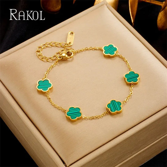 Colorful Five Leaf Flower Charm Bracelets for Women 2023 New Gold Color Stainless Steel Clover Bracelet Jewelry
