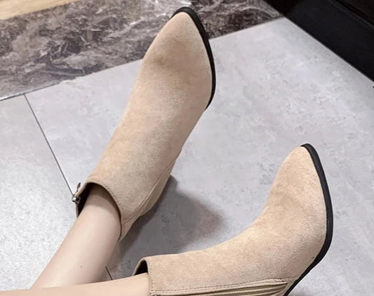 2022 Fashion Short Boots Women's Pointed Toe Thick Heel Autumn and Winter New Thin Side Zipper Comfortable Bare Boots Women