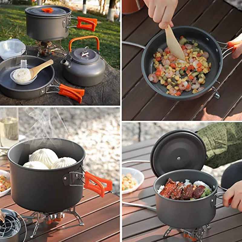 Portable Outdoor Tableware Cookset Cooking Kit Pan Bowl Kettle Pot Hiking BBQ Picnic