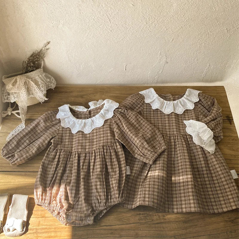 2024 New Spring Korean Style 0-3Yrs Sisters Clothes Toddler Baby Girl Princess Dress Long Sleeved Cotton Lattice Baby Jumpsuit