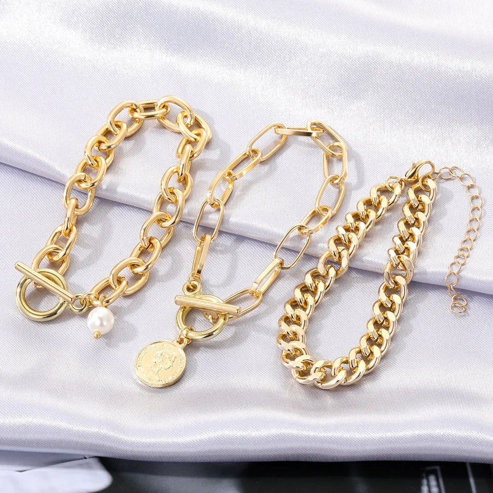 KISSWIFE Golden Cuban Link Chain Bracelets On the Hand Exaggerated Thick Chain Coin Pendant Bracelet for Women Fashion Jewelry