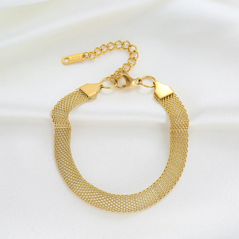 OIMG 316L Stainless Steel Gold Color Woven Mesh Chain Bracelet & Bangle For Women Girl Not Fade Simple Punk Jewelry