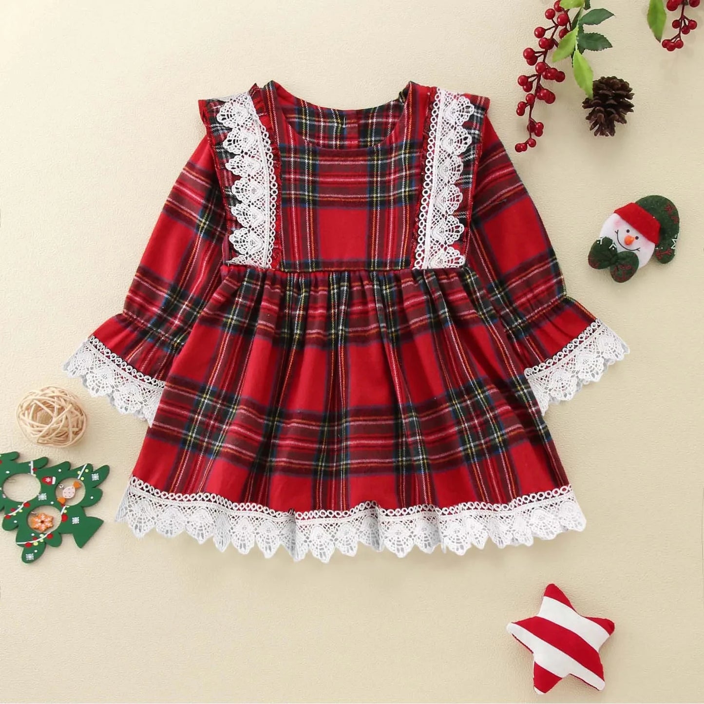 Christmas Dress Baby Girls Red Plaid Lace Ruffles Tutu Princess Party Dress Xmas Outfit Clothes