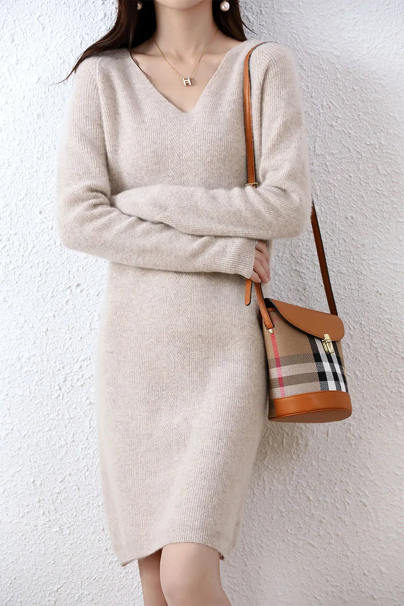Autumn and winter 100% pure wool knitted midi fashion thin women's simple solid color versatile wool dress