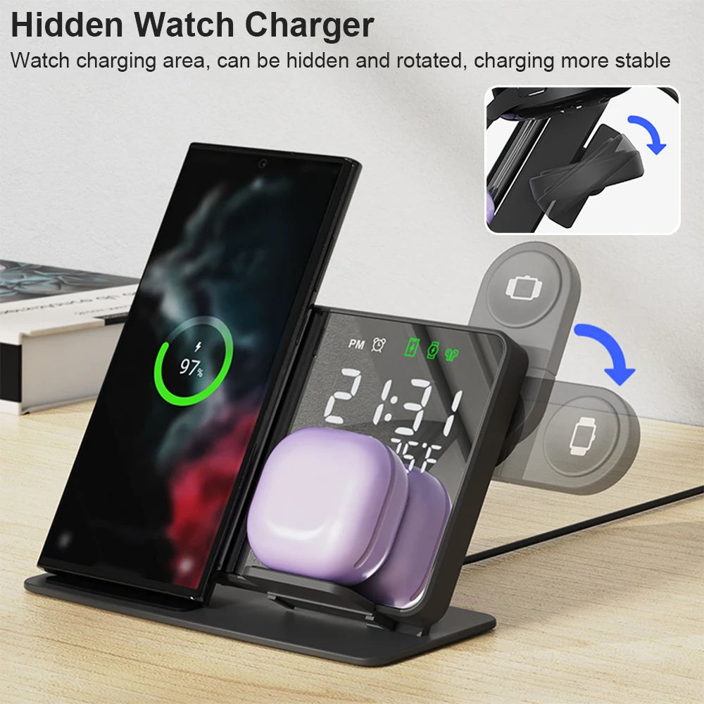 3 in 1 Wireless Charger For Samsung Galaxy Watch 6 5 Pro 4 Charger S24 S23 Ultra Fast Charging Station Stand with Alarm Clock