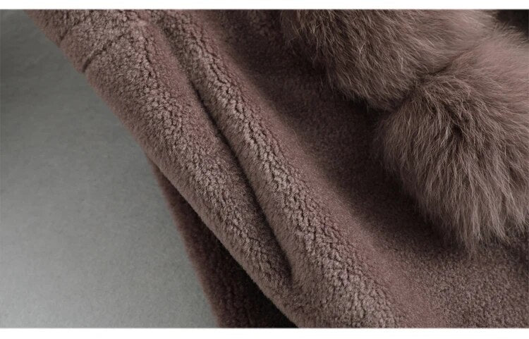 rich 🎀Lady Sheep Shearling Warm Long Jacket Female Women Fox Fur Collar Lamb Wool Winter Coat