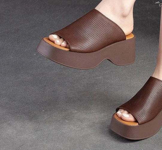 Leather Summer Shoes Women Slippers Wedges Outside Slides Leisure 2024 New Handmade Concise Ladies Slippers