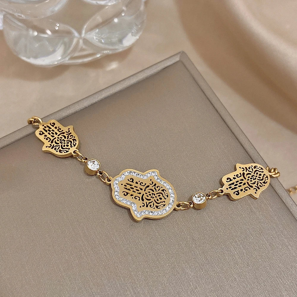 Flashbuy Stainless Steel Vintage Hand of Fatima Turkish Charm Bracelet for Women Statement Gold Color Bracelets Fashion Jewelry