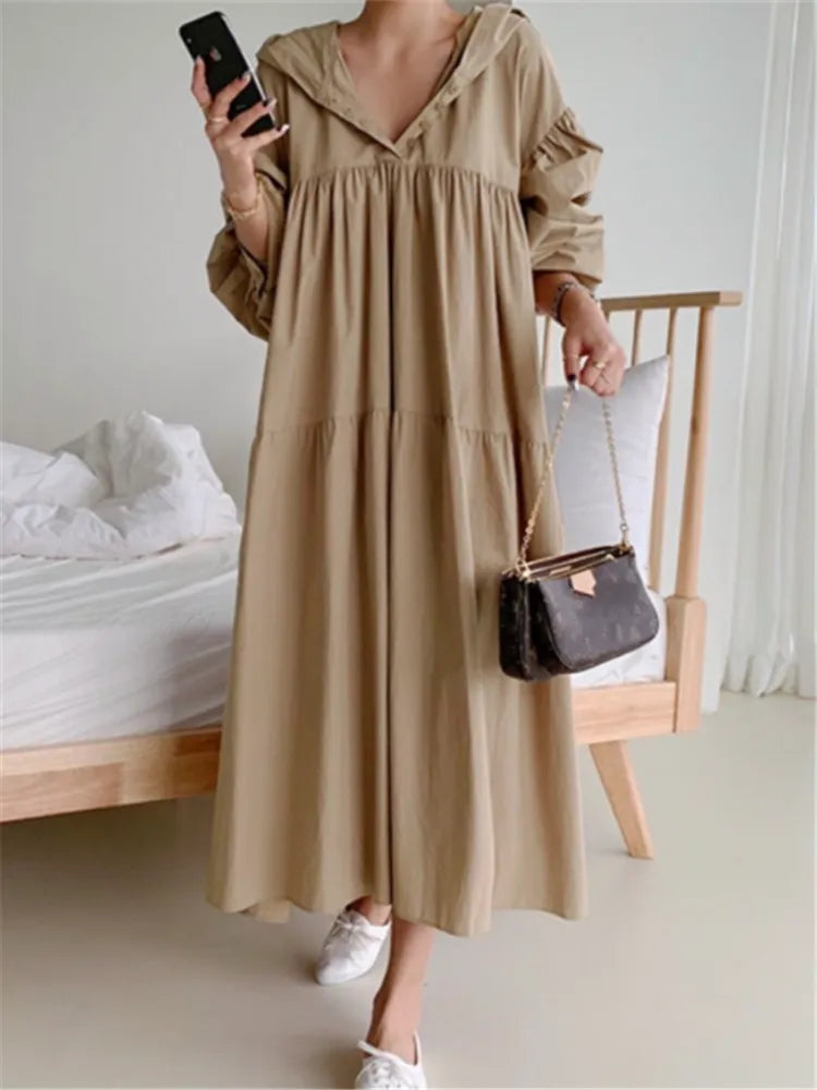 REALEFT 2023 New Hooded Oversize Women's Shirts Dresses Puff Sleeve Solid Casual Loose Straight Long Dress Female Spring Autumn