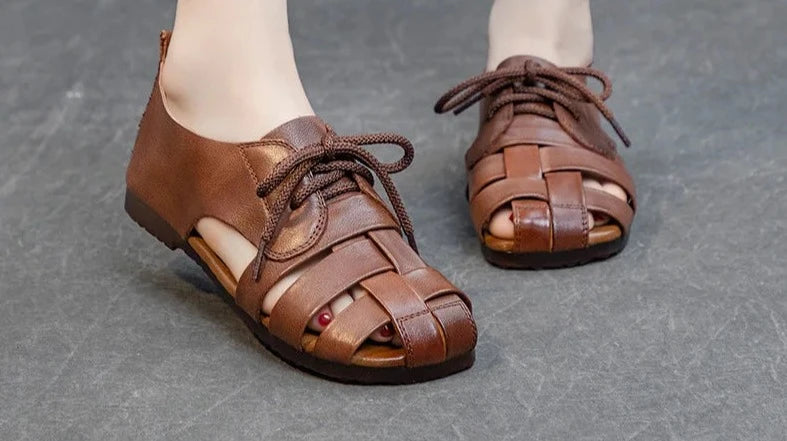 Women Summer Sandals Outdoor Genuine Leather Casual Shoes Female Retro Lace-up Flats Loafers Woman Plus Size 35-41