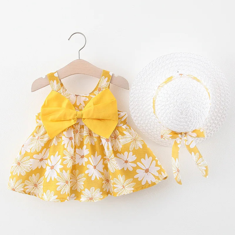 Summer Toddler Girl Clothing New Baby Girl Vest Dress Princess Beach Dress Big Bow Flower Dresses + Hat Newborn Clothing Set