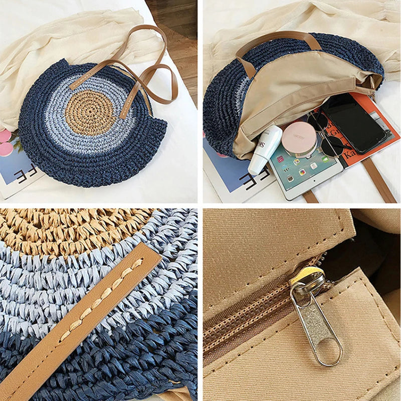 2022 Large Capacity Round Zipper Fashionable Straw Woven Bag Handmade Summer Beach Travel Holiday Women Bags