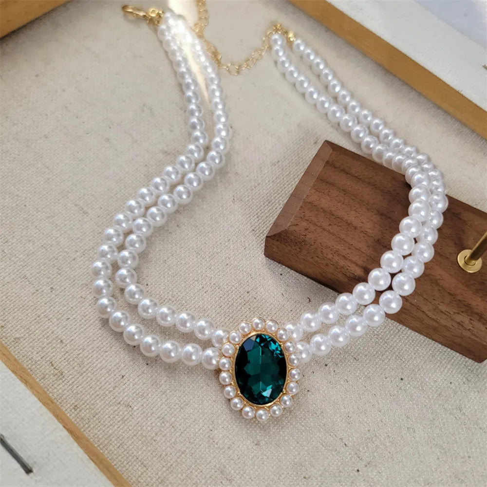 Vintage Double Layer Pearl Necklace Emerald Pearl Earrings Choker Women Elegant Clavicle Chain Banquet Party Fashion Accessories