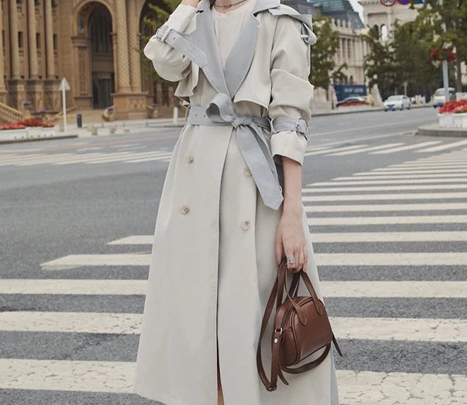 Hit Colors Long Trench Coat Women Spring Autumn New Long sleeve Double breasted Sashes Windbreaker Overcoat Women Clothes