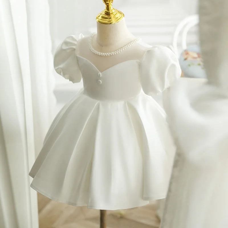 Baby Girl Princess Pearl Neck Dress Puff Sleeve Infant Toddler Child Vintage Vestido Party Pageant Birthday Baptism Frocks 1-12Y