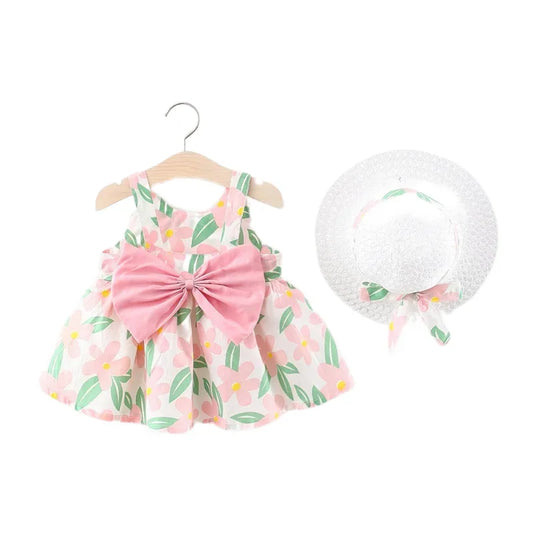 Summer Dress Baby Girl Beach Dresses Casual Fashion Print Cute Bow Flower Princess Dress With Sunhat Newborn Clothing Set