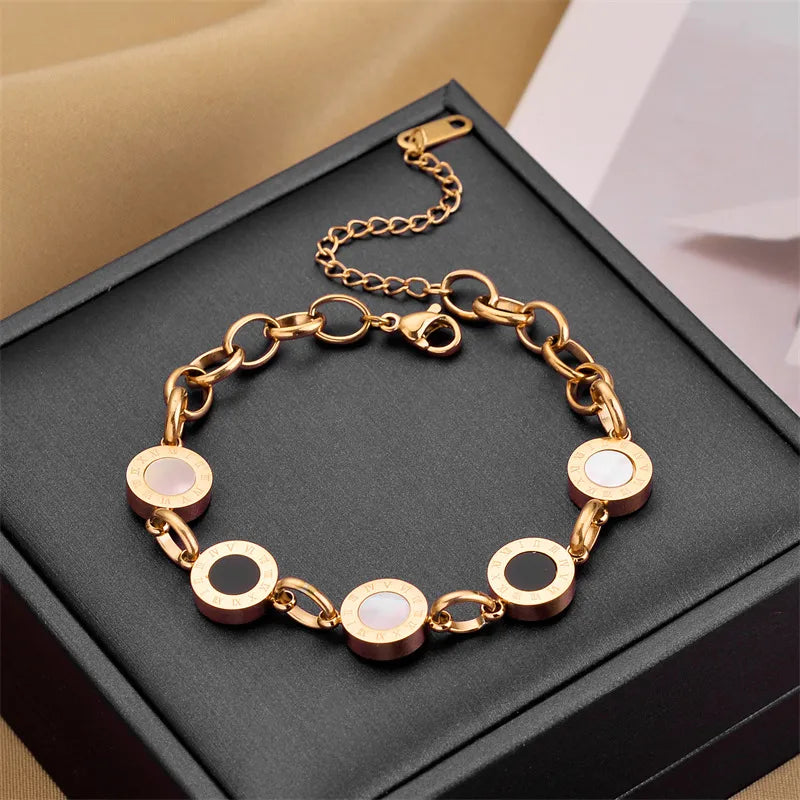 OIMG 316L Stainless Steel Gold Plated Bracelet Simple Personality Roman Number Circle Pendant Bangle For Women Girl Gift