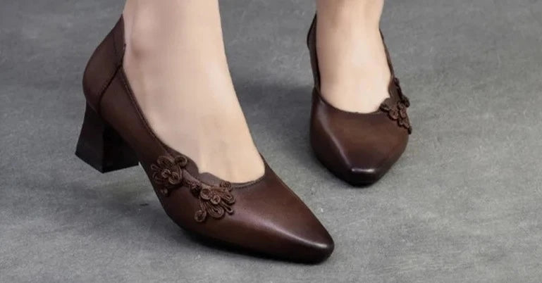 Women Pumps Comfortable Genuine Leather High Heel Shoes Women Round Toe Casual Thick Heel Mother Shoes