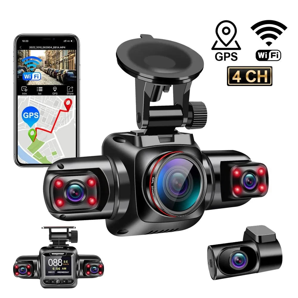 4 Channel 4*1080P Dash Camera Built-in GPS & WiFi CPL Dual Lens 8 Infrared Light Night Vision 170 Degree with Rear Lens Car DVR