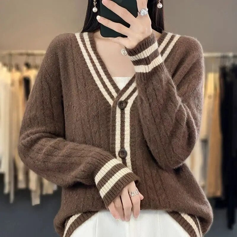 Autumn New V-neck Twisted Long-sleeved Wool Cardigan Women's Loose Lazy-style Cashmere Top Thickened Sweater Jacket