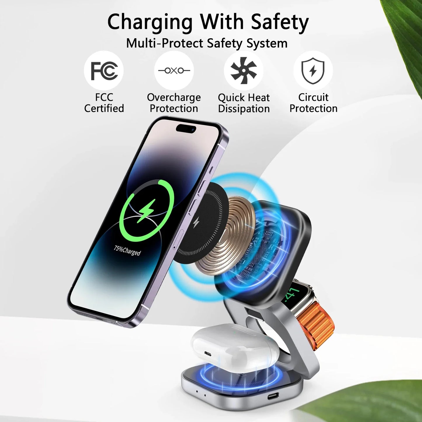 3 In 1 Magnetic Wireless Charger Stand For iPhone 15 14 13 Pro Max IWatch AirPods 3/2 Foldable Fast Charging Holder Dock Station