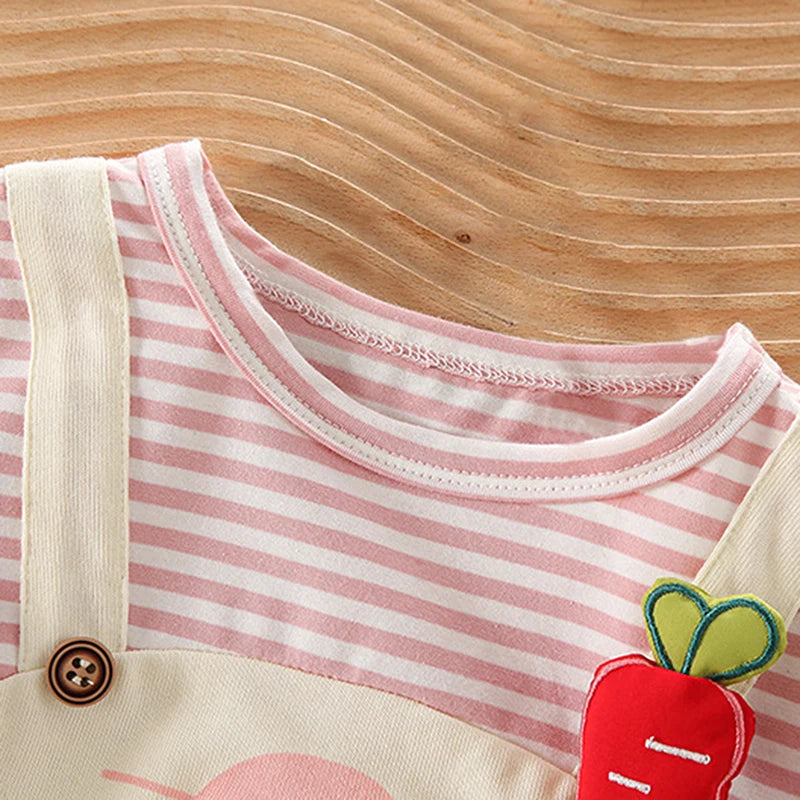 Baby Girls Romper, Short Sleeve Crew Neck Striped Bunny Ears False 2-piece Patchwork Infant Bodysuit Easter Clothes