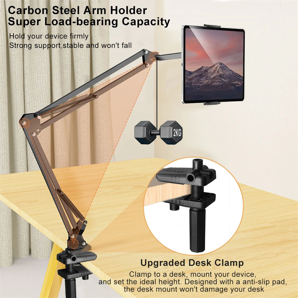 Tablet Holder for Bed Adjustable Desktop Stand Aluminum Arm Mount Support for 4-12.9" iPad Pro Samsung Tab Xiaomi Pad Cell Phone