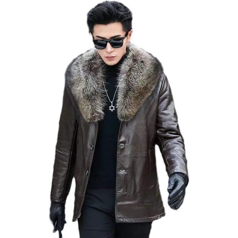 Men's Fur Coat Collar Detachable Fashionable Thickened Winter Leather Jacket Male Warm Overcoat