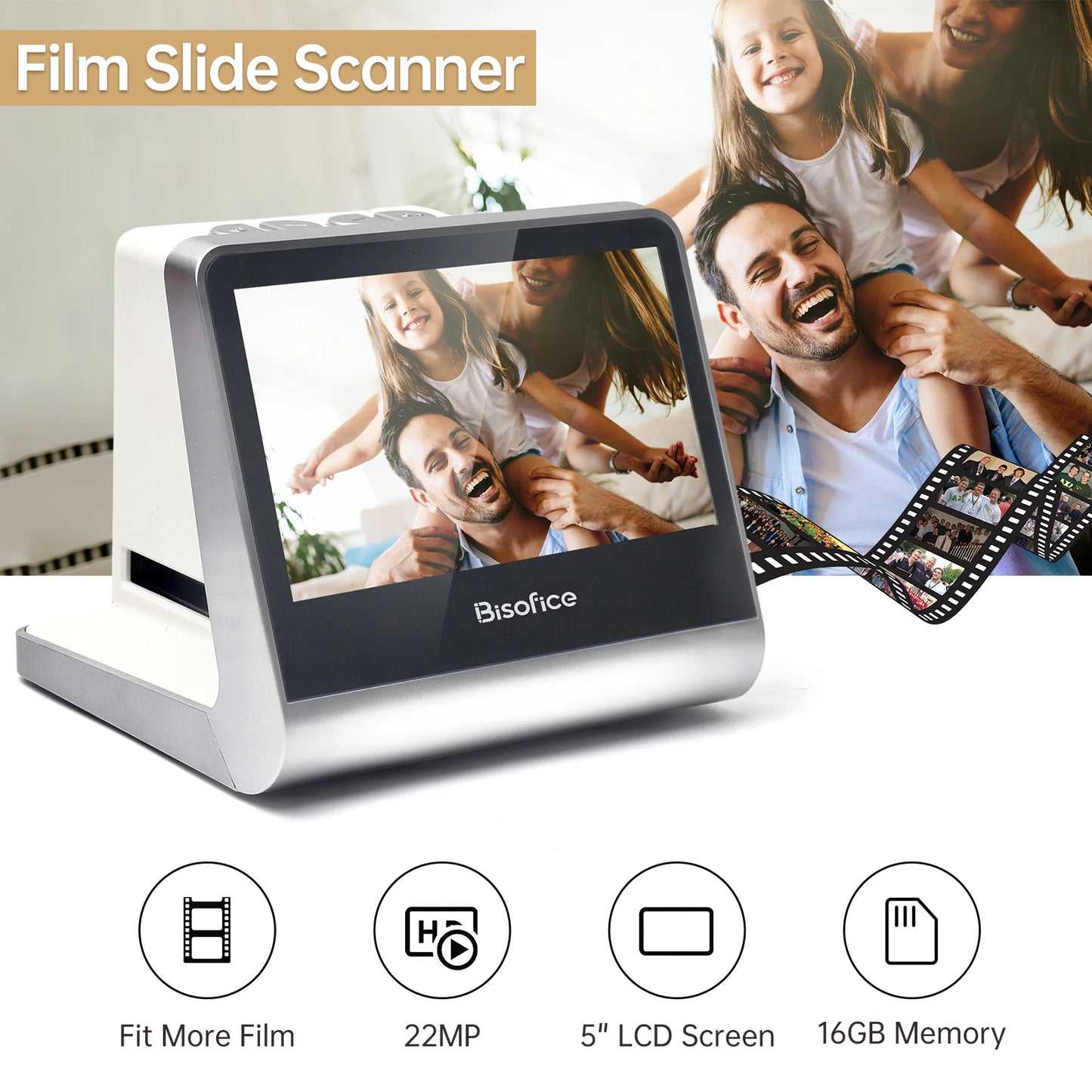 🌸TON170 Film Slide Scanner for 135 Film/126KPK/110 Film/Super8/ Monochrome/Slide to Digital JPEG Photos Foldable 16GB 5'' Scanner