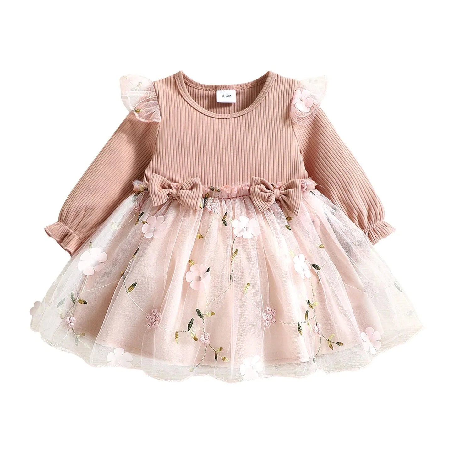 PatPat Baby Dress Baby Girl Clothes New Born Infant Party Dresses Pink Ribbed Bowknot Floral Mesh for NewBorn Kids Birthday