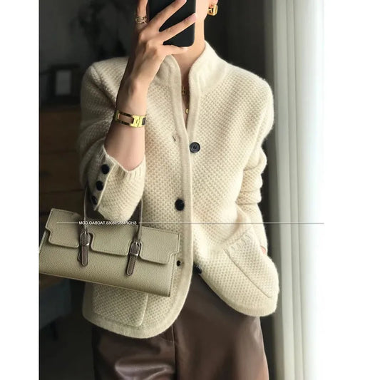 Autumn Winter New Thickened 100% Cashmere Wool Cardigan Women Stand Neck Sweater Sweater Loose Knit Base Wool Sweater Jacket